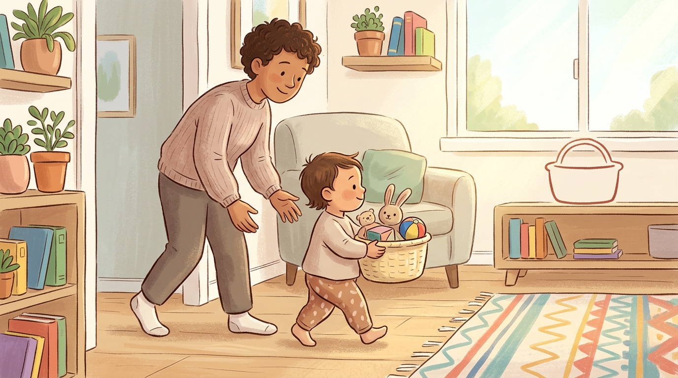 Cartoon illustration of a parent and child at home doing Carry the Basket Helper.