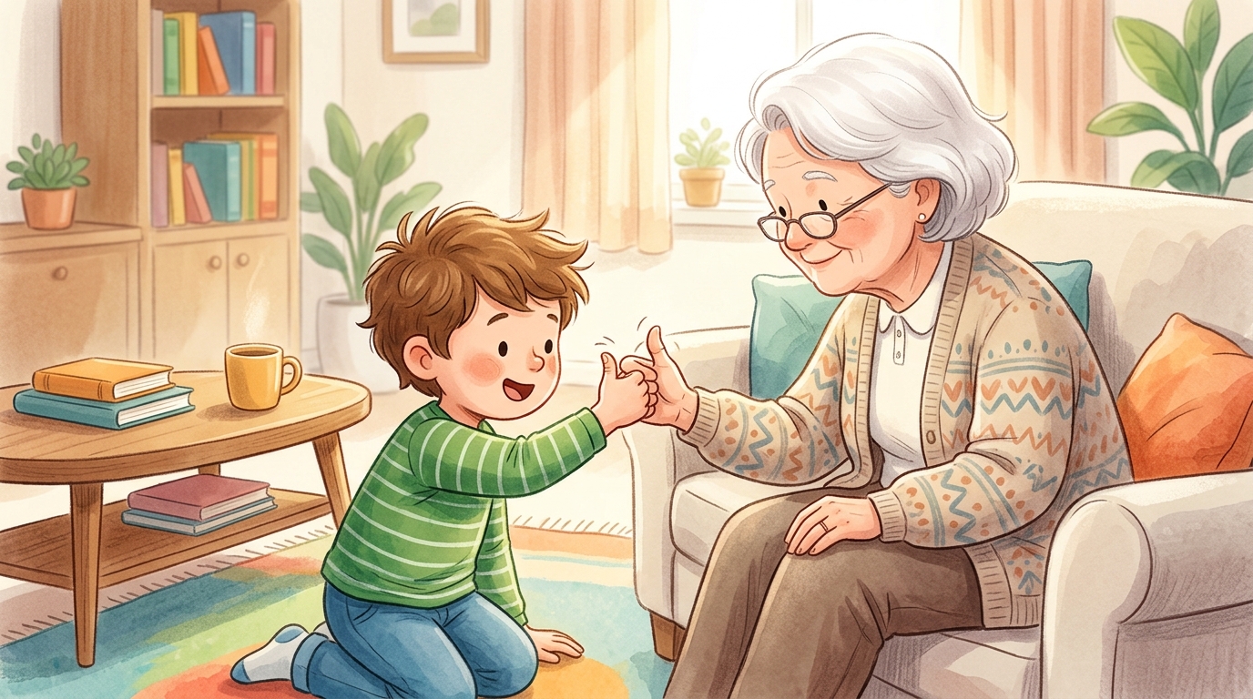 Cartoon illustration of a parent and child at home: family runs a quick thumb-wrestling ladder, good for any small waiting moment.