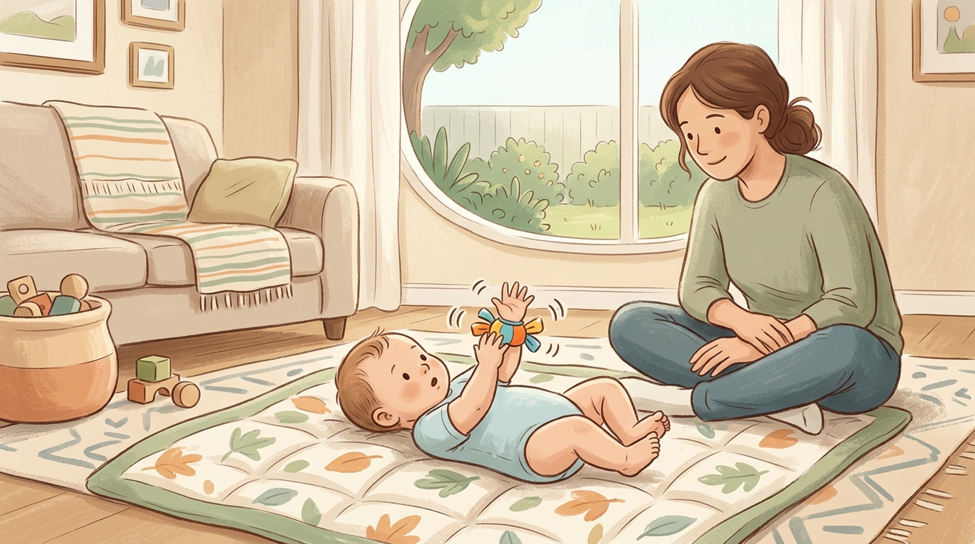 Cartoon illustration of a parent and child at home doing Own Hands Discovery.