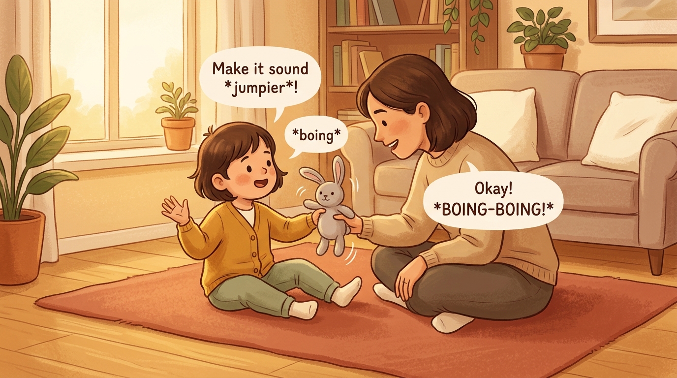 Cartoon illustration of a parent and child at home doing Anime Sound Effect Director.