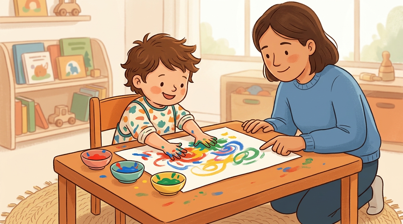 Cartoon illustration of a parent and child at home doing Finger Painting.