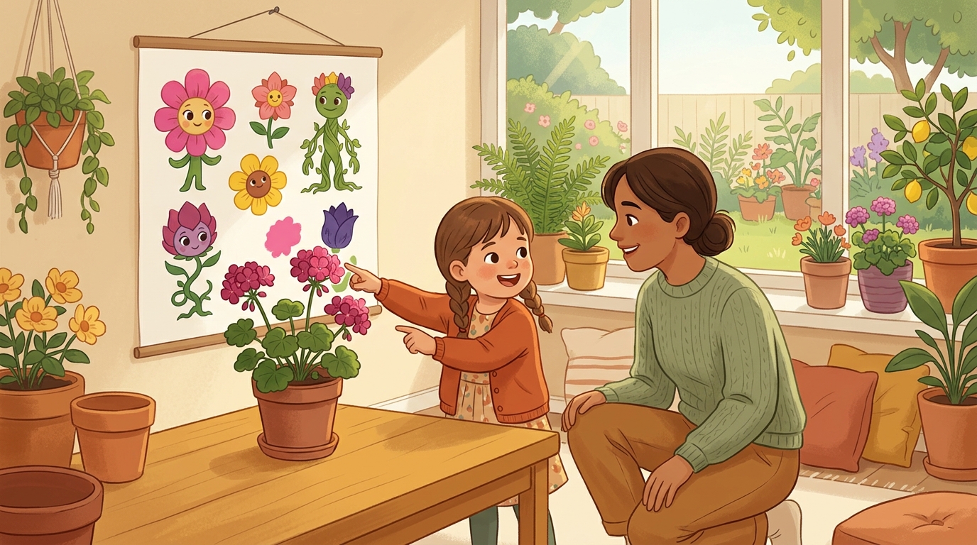 Cartoon illustration of a parent and child at home doing Character Colour Match.