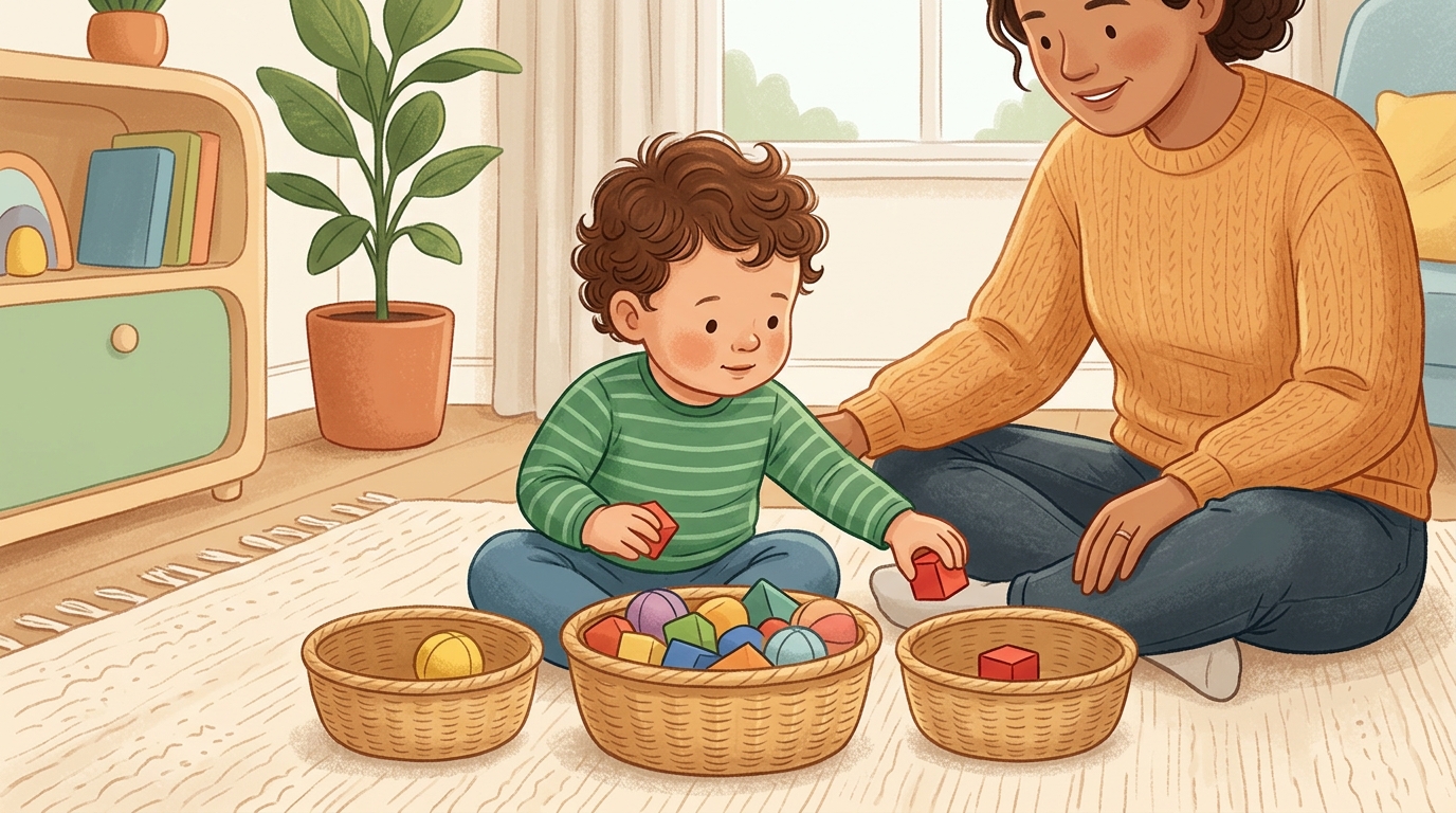 Cartoon illustration of a parent and child at home: toddler sorts a small mix of two very different objects (blocks vs.