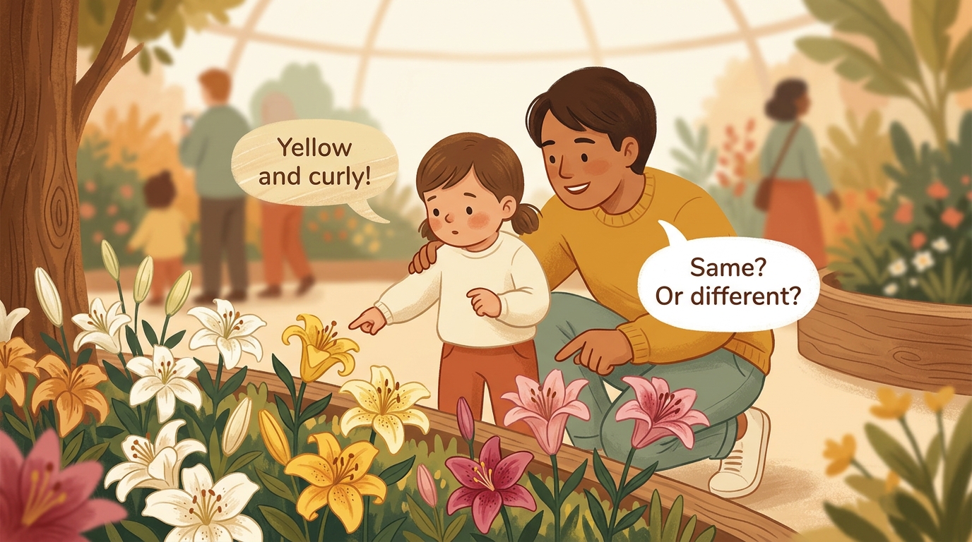 Cartoon illustration of a parent and child at Lilytopia in the Flower Dome doing Lilytopia Flower Detectives.