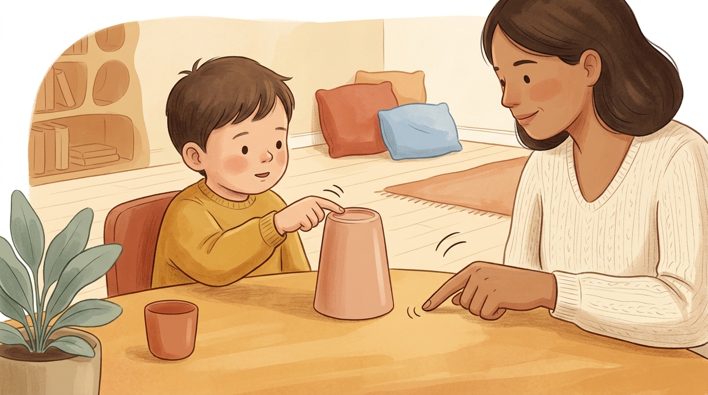 Cartoon illustration of a parent and child at home doing Cup Sound Lab.