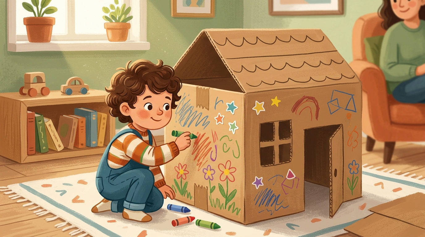 Cartoon illustration of a parent and child at home: turn a large cardboard box into a house, fort, or vehicle.