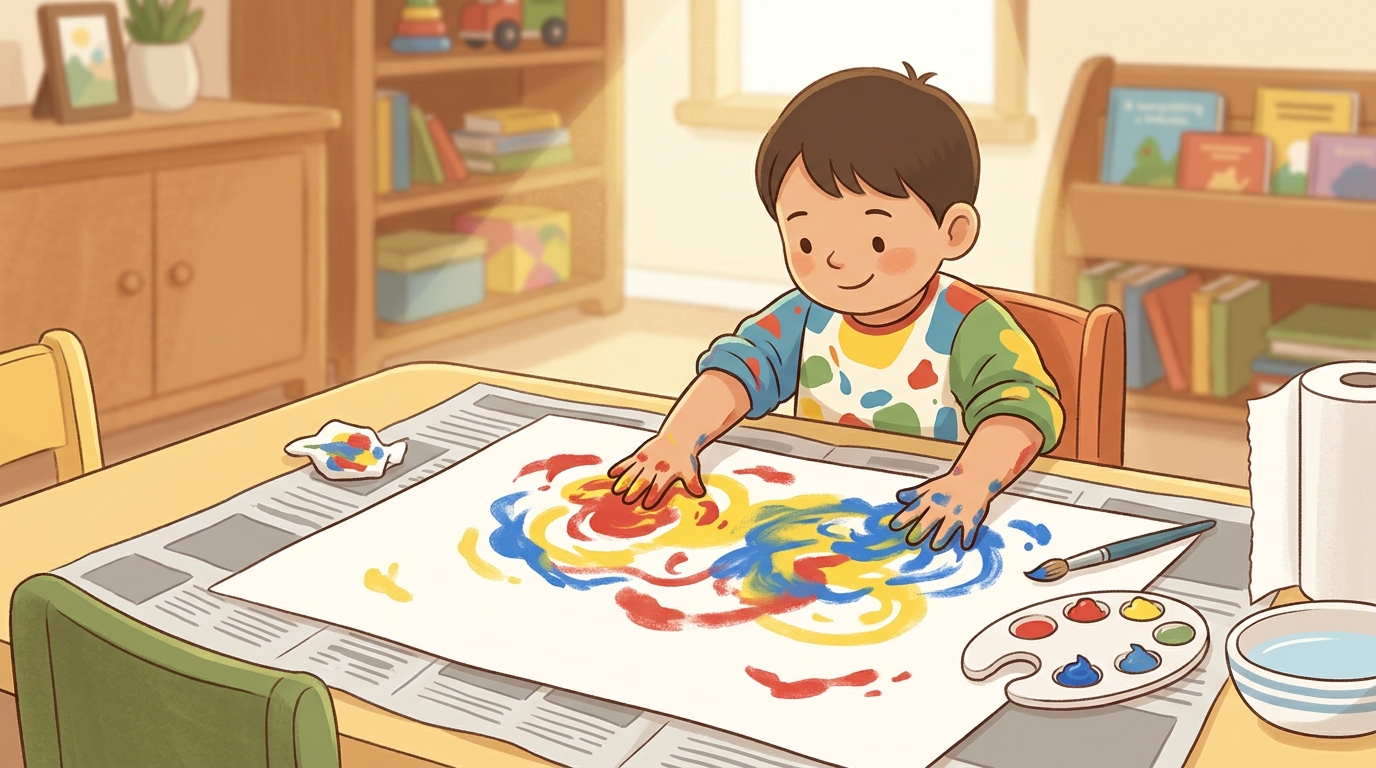 Cartoon illustration of a parent and child at home: free-form finger painting with washable paints.