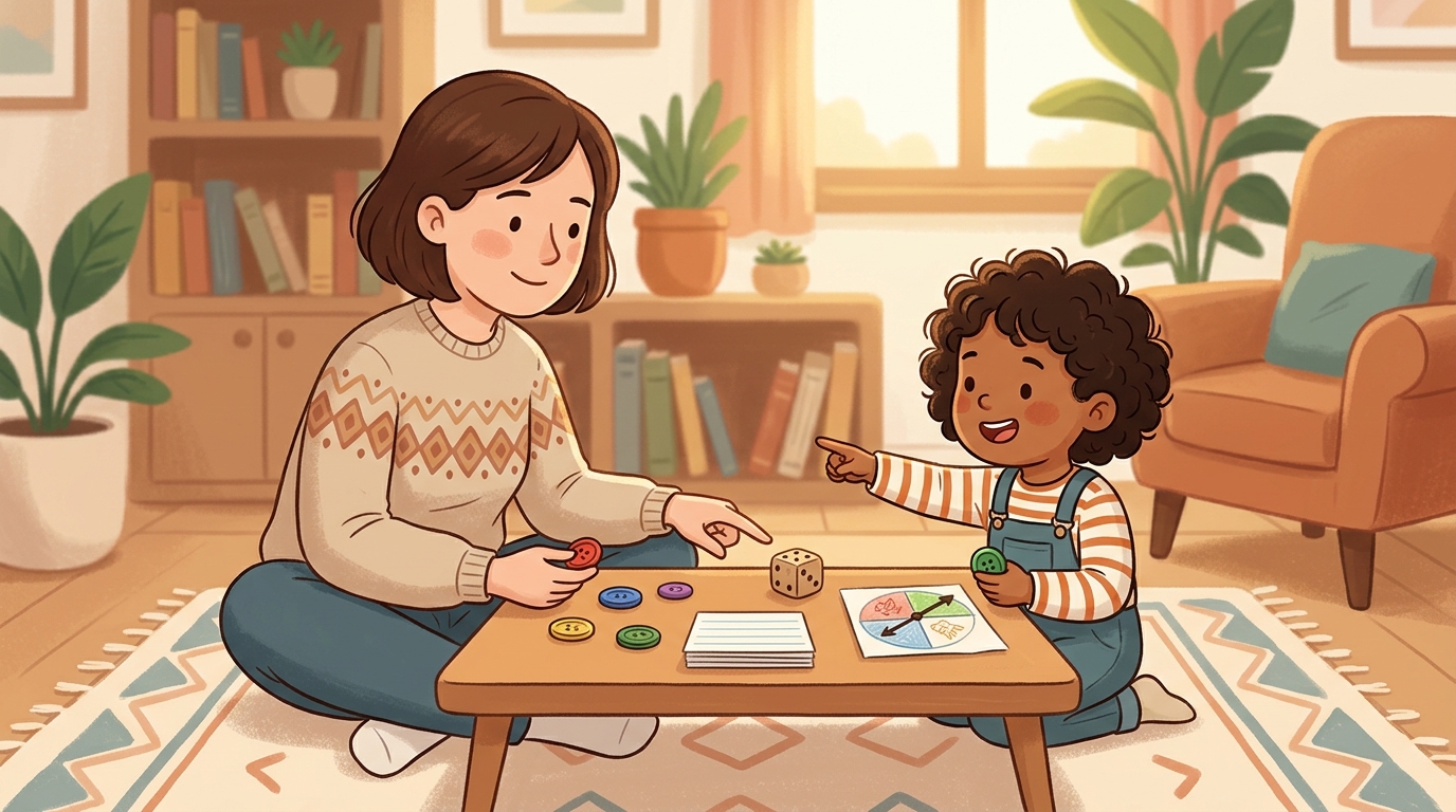 Cartoon illustration of a parent and child at home doing Invent a Turn Game.