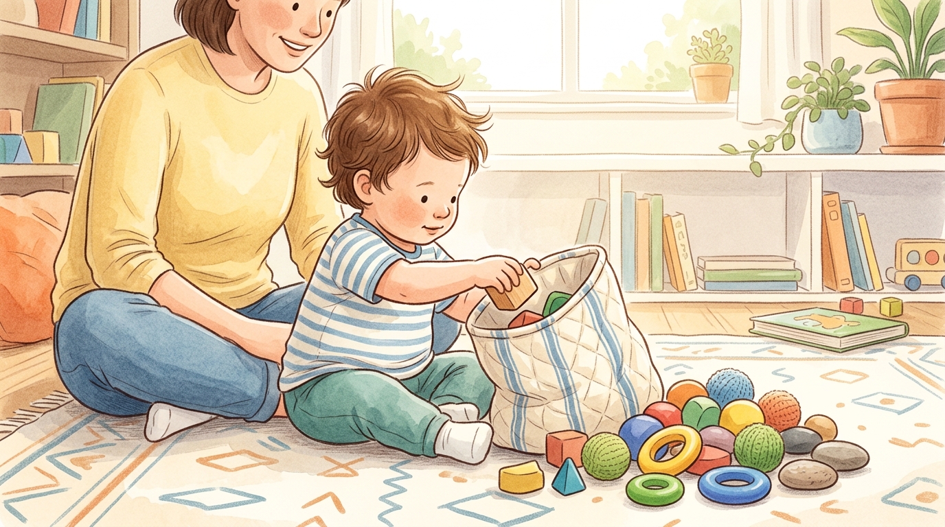 Cartoon illustration of a parent and child at home doing Fill and Empty Bag.