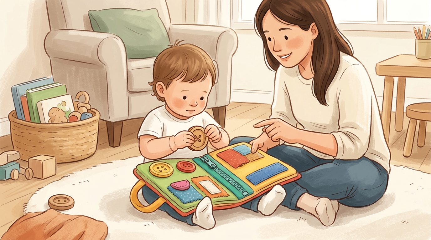 Cartoon illustration of a parent and child at home doing Dressing Practice Board.