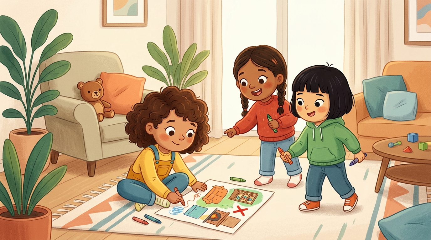 Cartoon illustration of a parent and child at home doing Draw a Treasure Map Hunt.