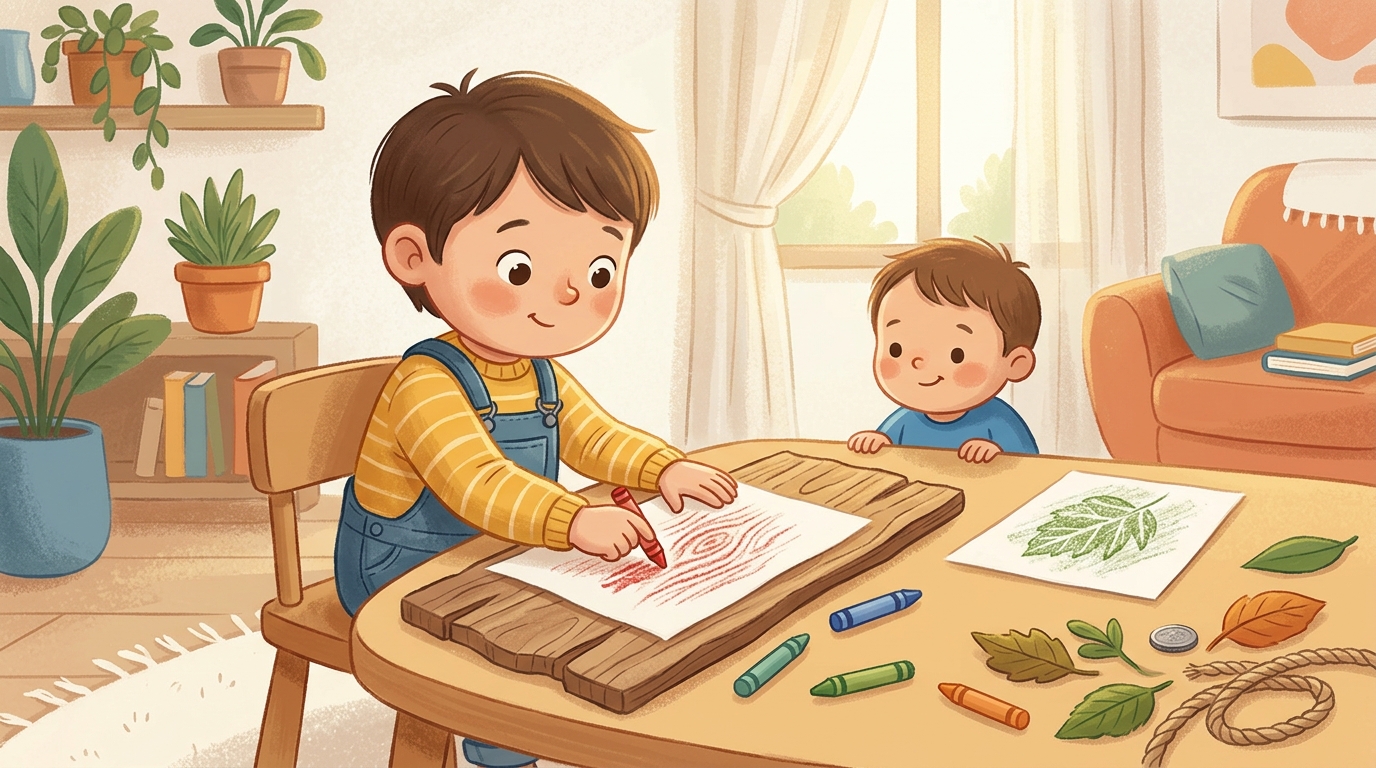 Cartoon illustration of a parent and child at home doing Texture Rubbing Art.