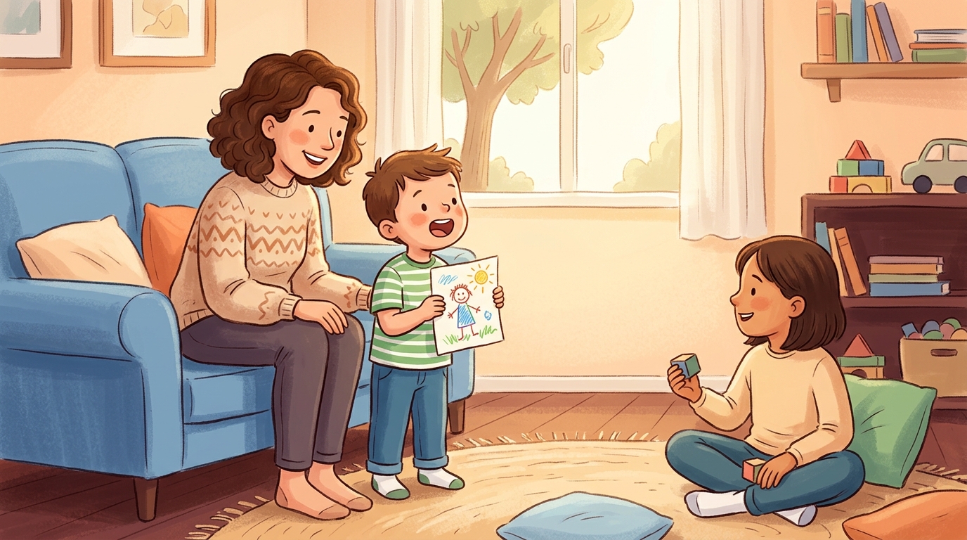 Cartoon illustration of a parent and child at home doing Proud Moment Share.