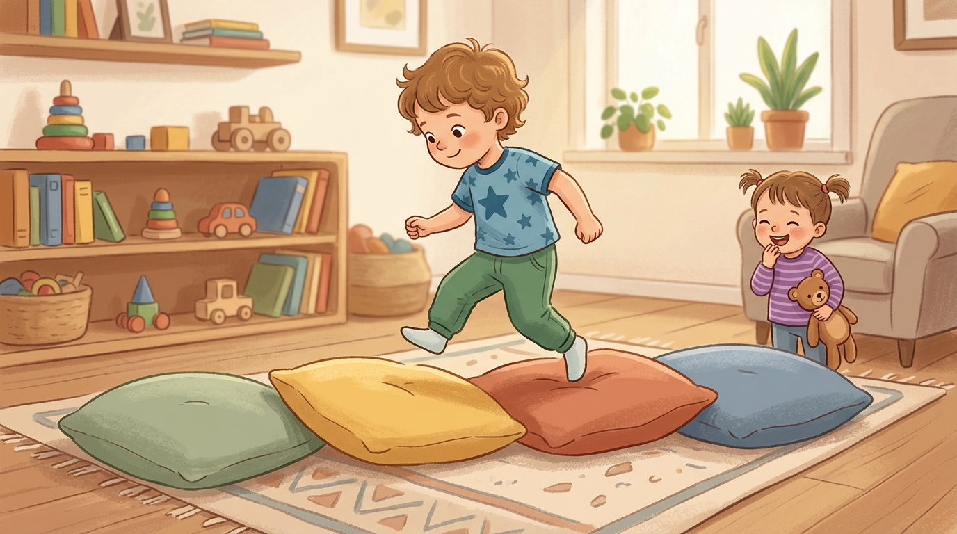 Cartoon illustration of a parent and child at home: lay pillows on the floor in a line or pattern.