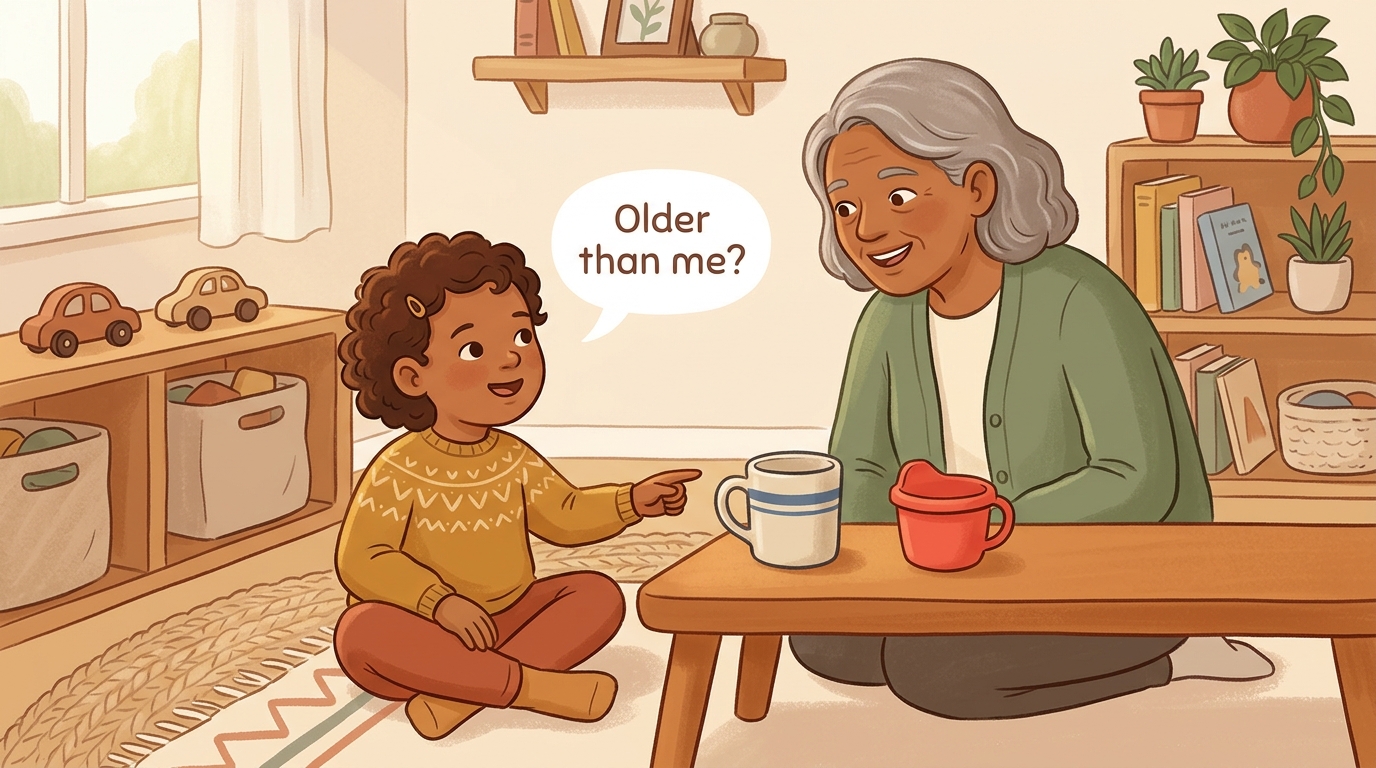 Cartoon illustration of a parent and child at home doing Object Older Than Me.