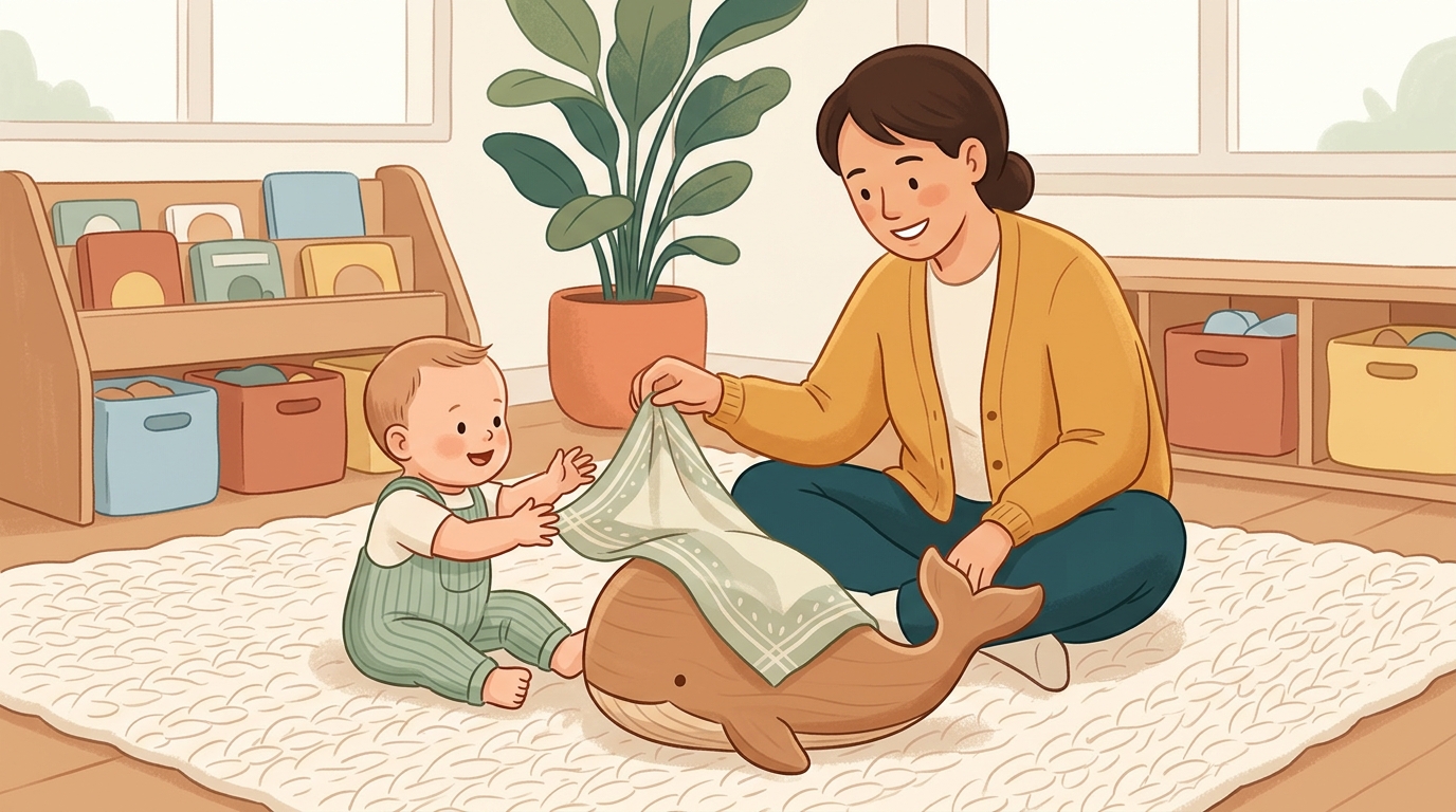 Cartoon illustration of a parent and child at home doing Peekaboo Scarf Reveal.