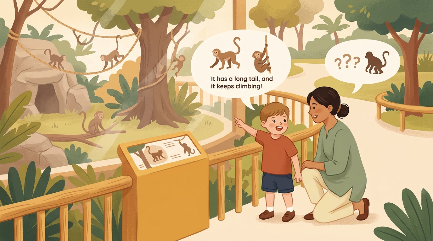 Cartoon illustration of a parent and child at home doing Zoo Clue Duel.