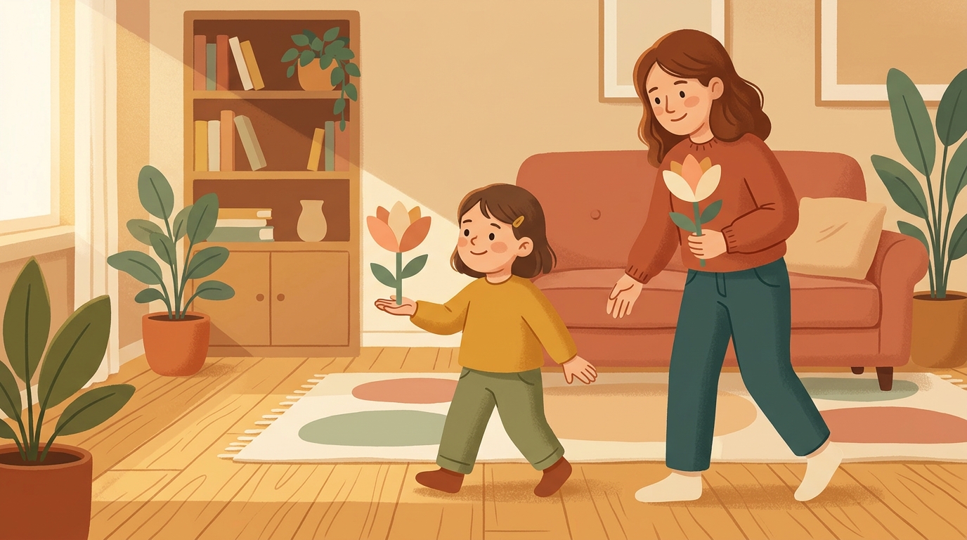 Cartoon illustration of a parent and child at home doing Flower Balance Parade.