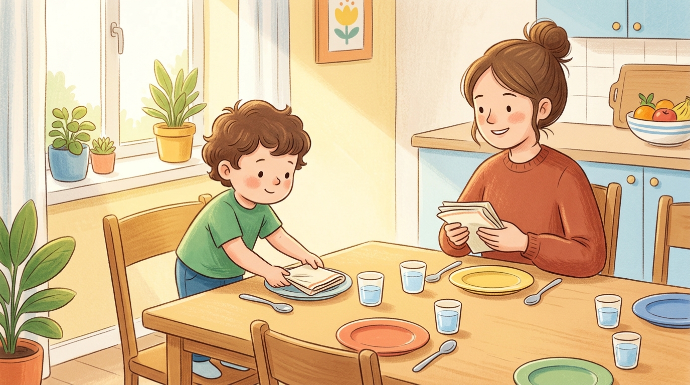 Cartoon illustration of a parent and child at home doing Help Set the Table.