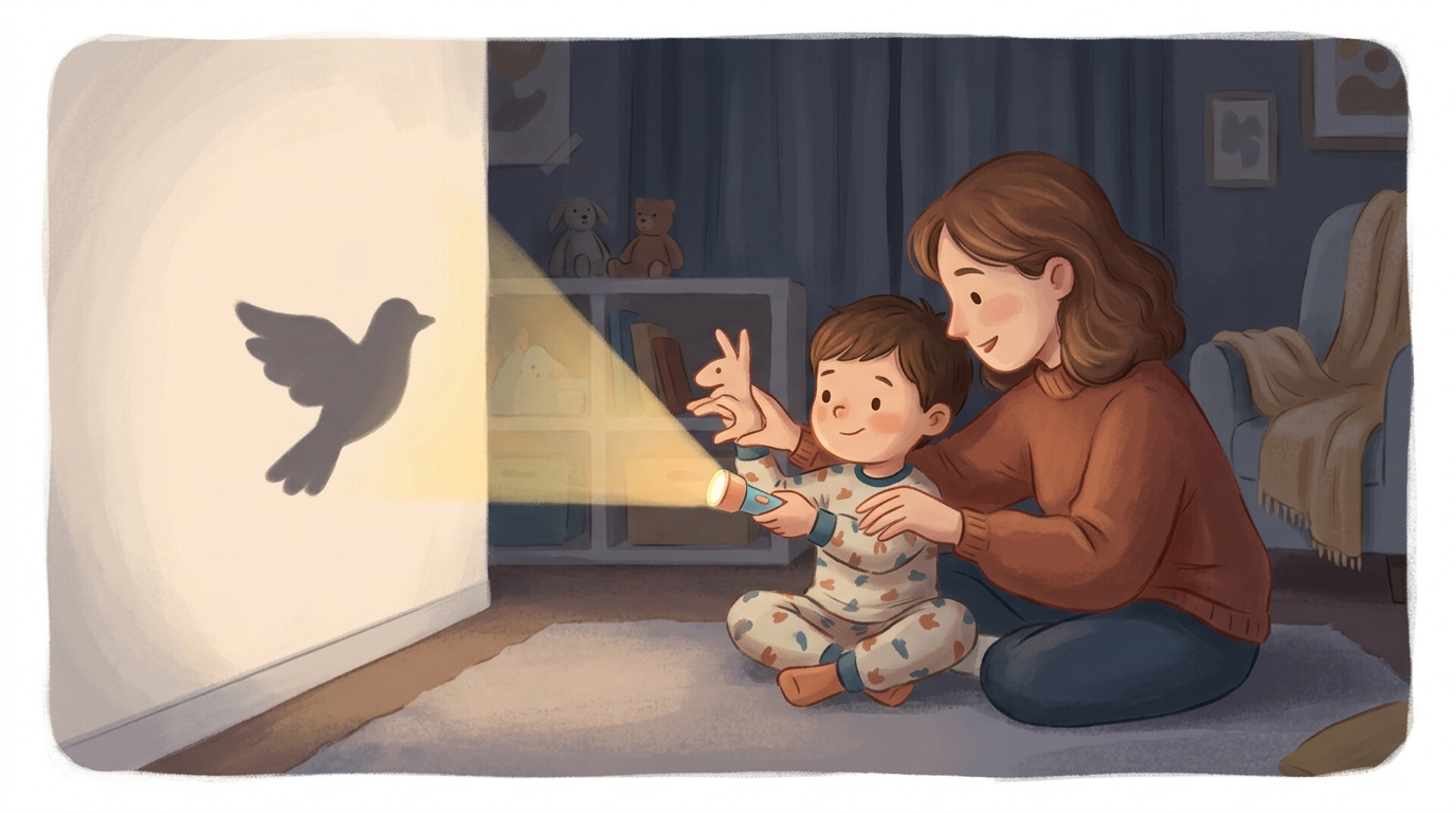 Cartoon illustration of a parent and child at home doing Torchlight Shapes.