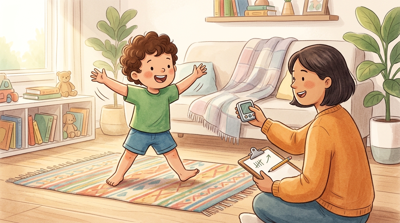 Cartoon illustration of a parent and child at home doing Personal Best Fitness Challenge.