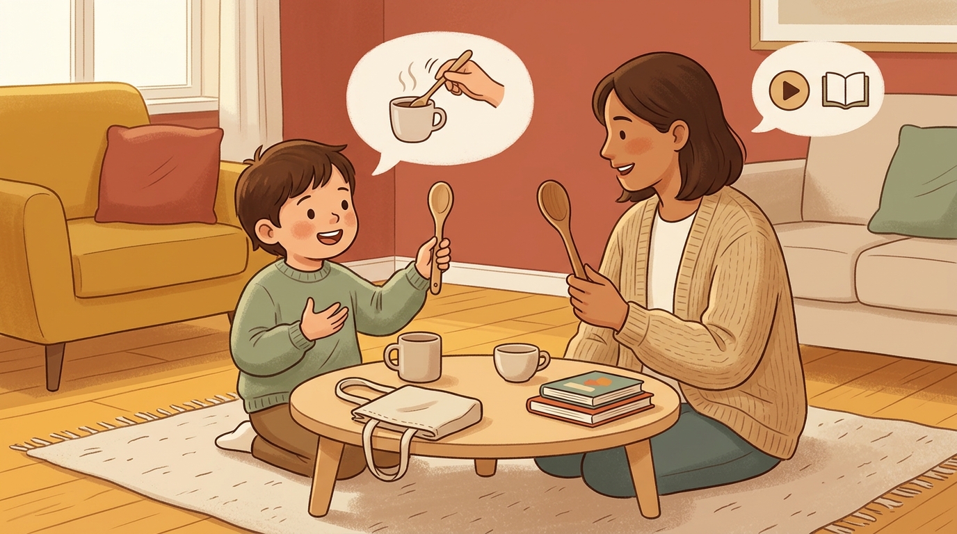 Cartoon illustration of a parent and child at home doing Sell Me This Spoon.