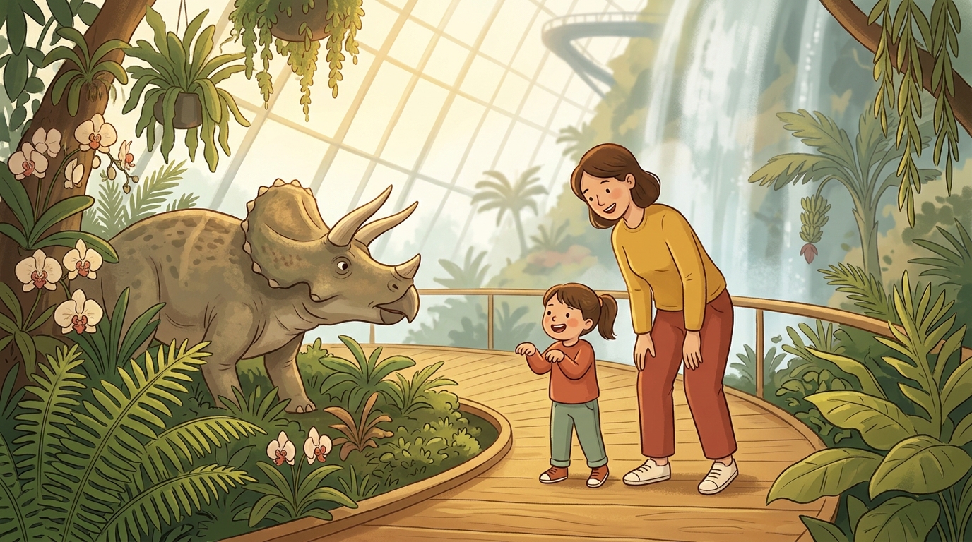 Cartoon illustration of a parent and child at home doing Dino Mirror Match.