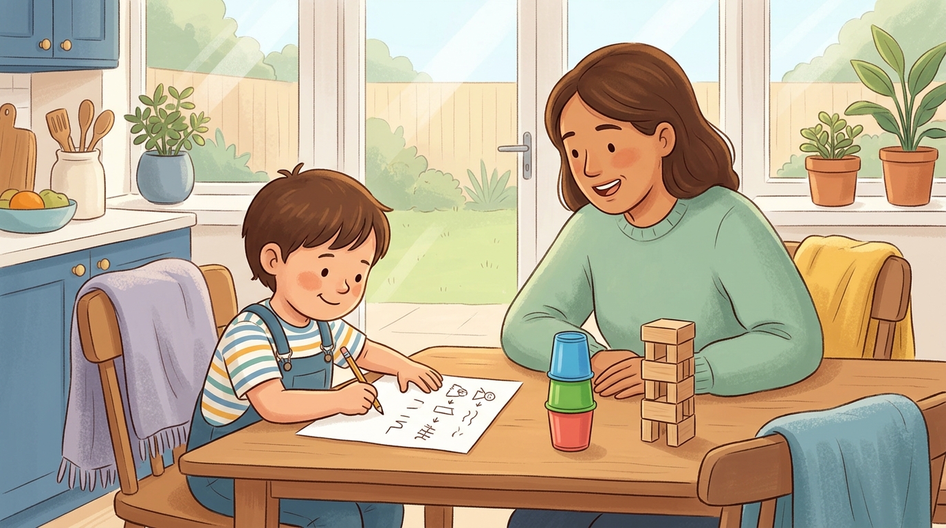 Cartoon illustration of a parent and child at home doing Write the Algorithm.