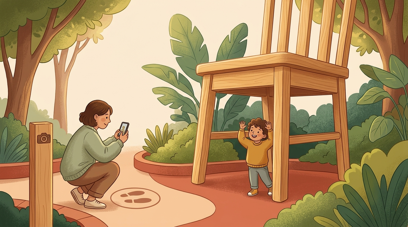 Cartoon illustration of a parent and child at home doing Shrink Beside The Chair.