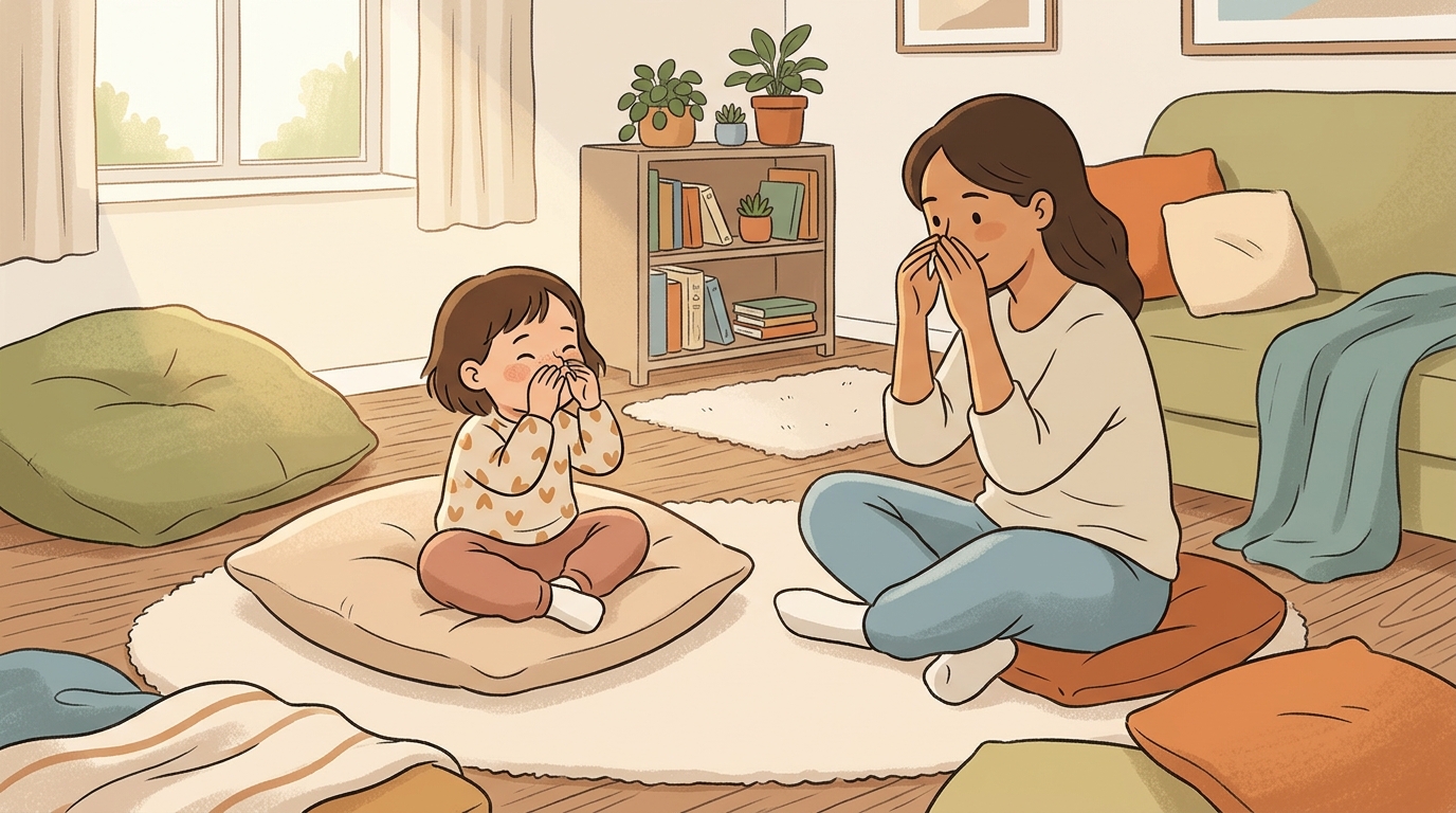 Cartoon illustration of a parent and child at home doing Animal Breathing.