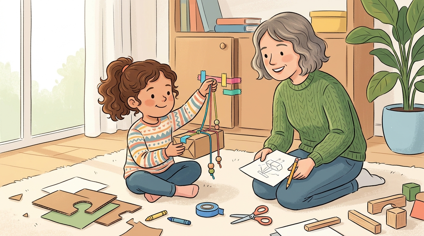 Cartoon illustration of a parent and child at home doing Solve a Home Problem.