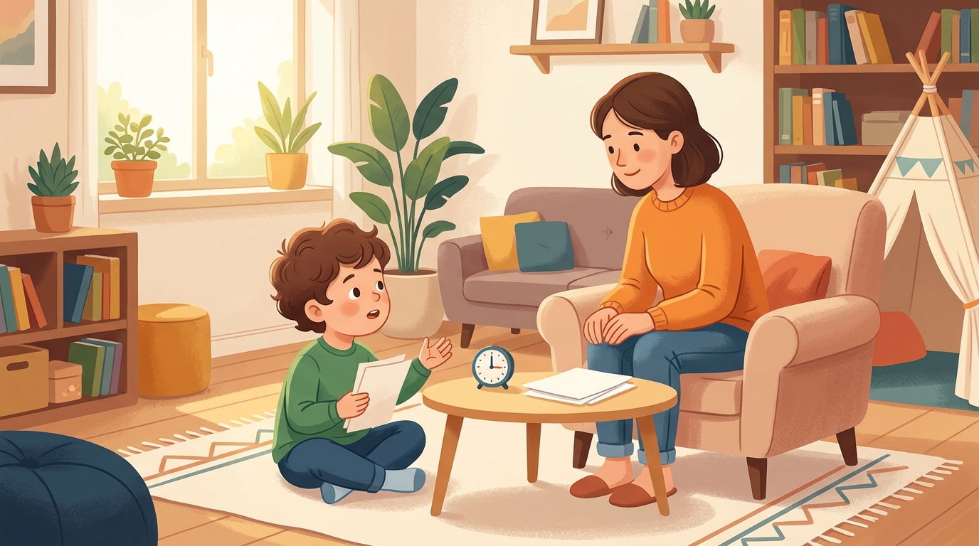 Cartoon illustration of a parent and child at home doing Debate a Current Event.
