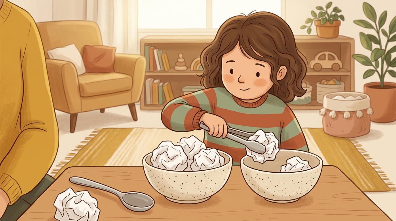 Cartoon illustration of a parent and child at home doing Beak Tool Test.