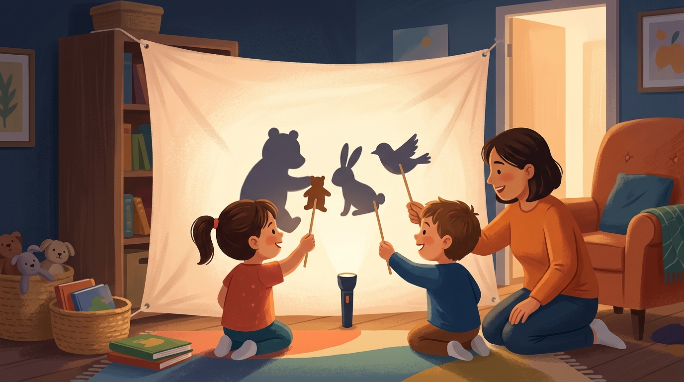 Cartoon illustration of a parent and child at home doing Shadow Puppet Theatre.