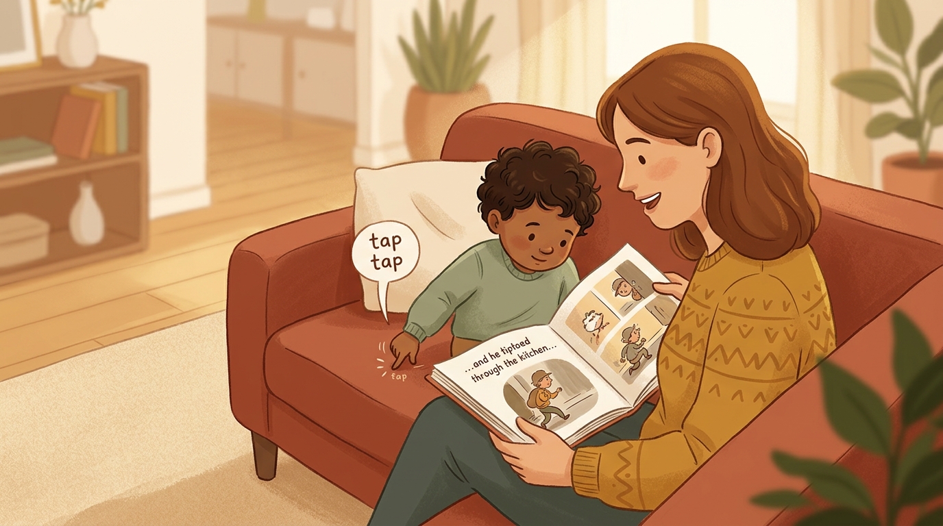 Cartoon illustration of a parent and child at home doing Foley From The Book.