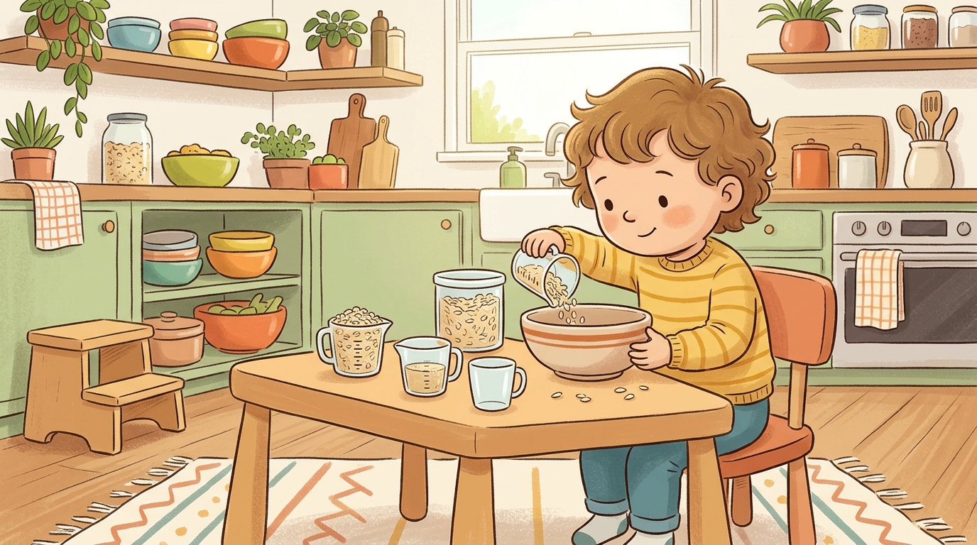 Cartoon illustration of a parent and child at home: give child a measuring cup and a bowl of dry rice, beans, or oats.