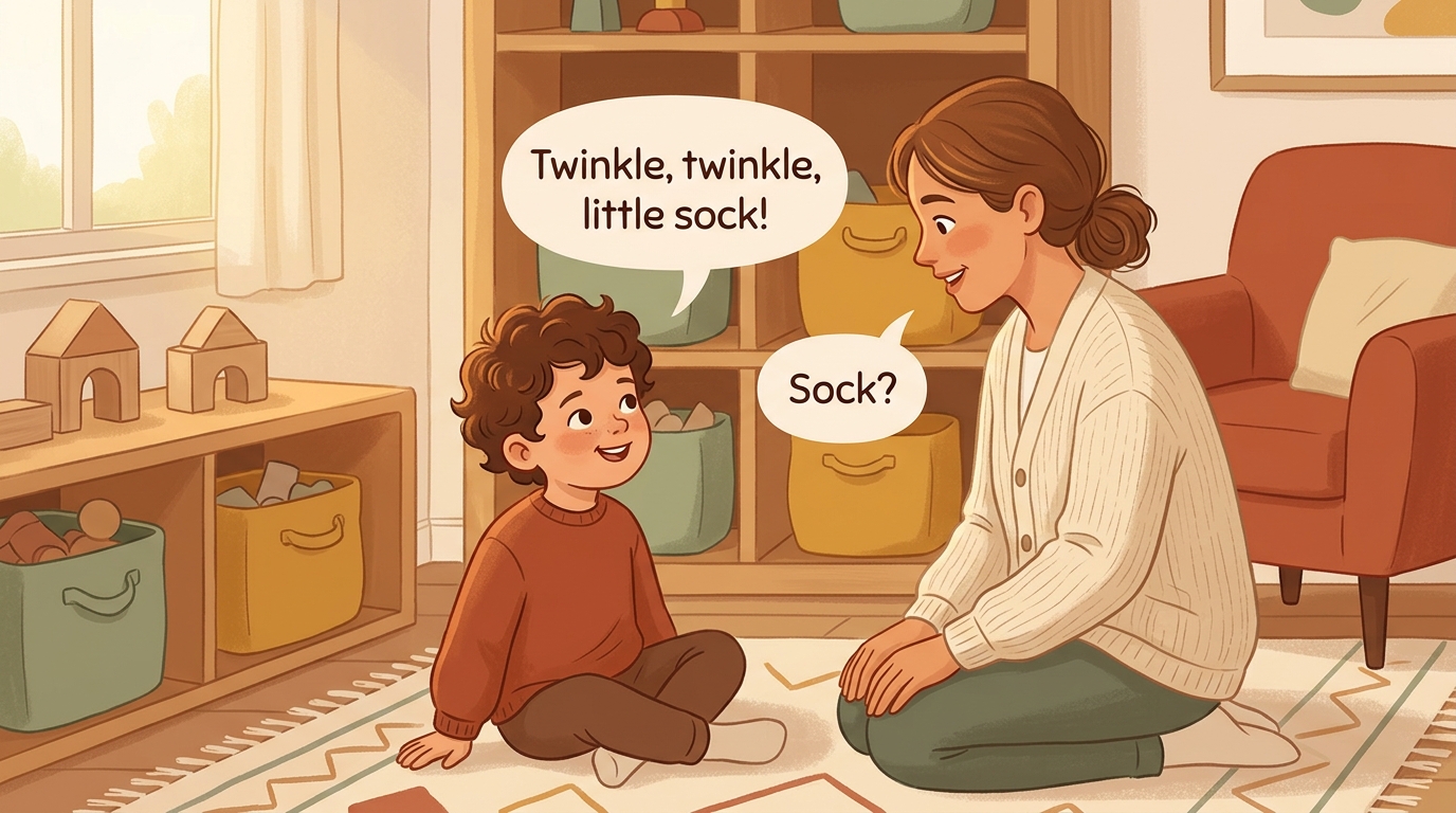 Cartoon illustration of a parent and child at home doing Who Changed The Song.