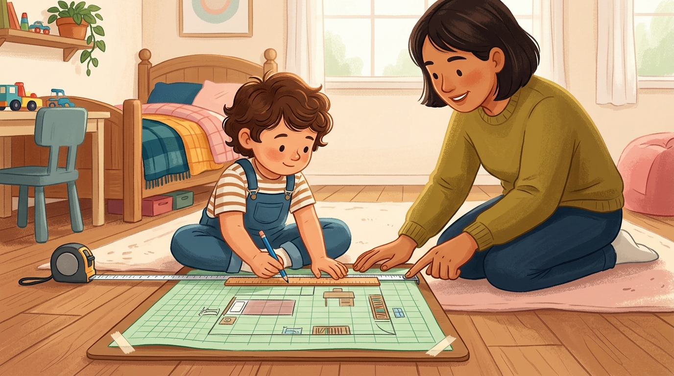 Cartoon illustration of a parent and child at home doing Draw My Room to Scale.