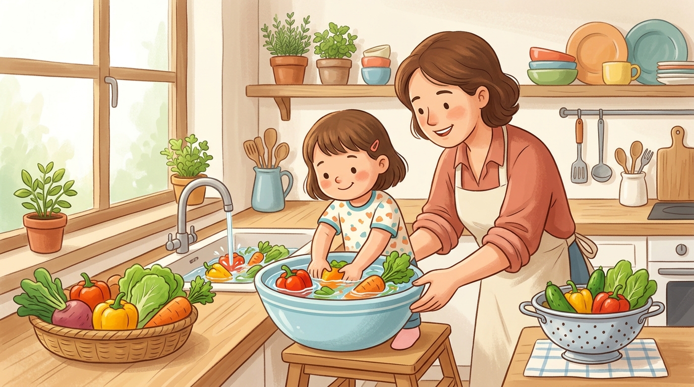 Cartoon illustration of a parent and child at home doing Help Wash Vegetables.