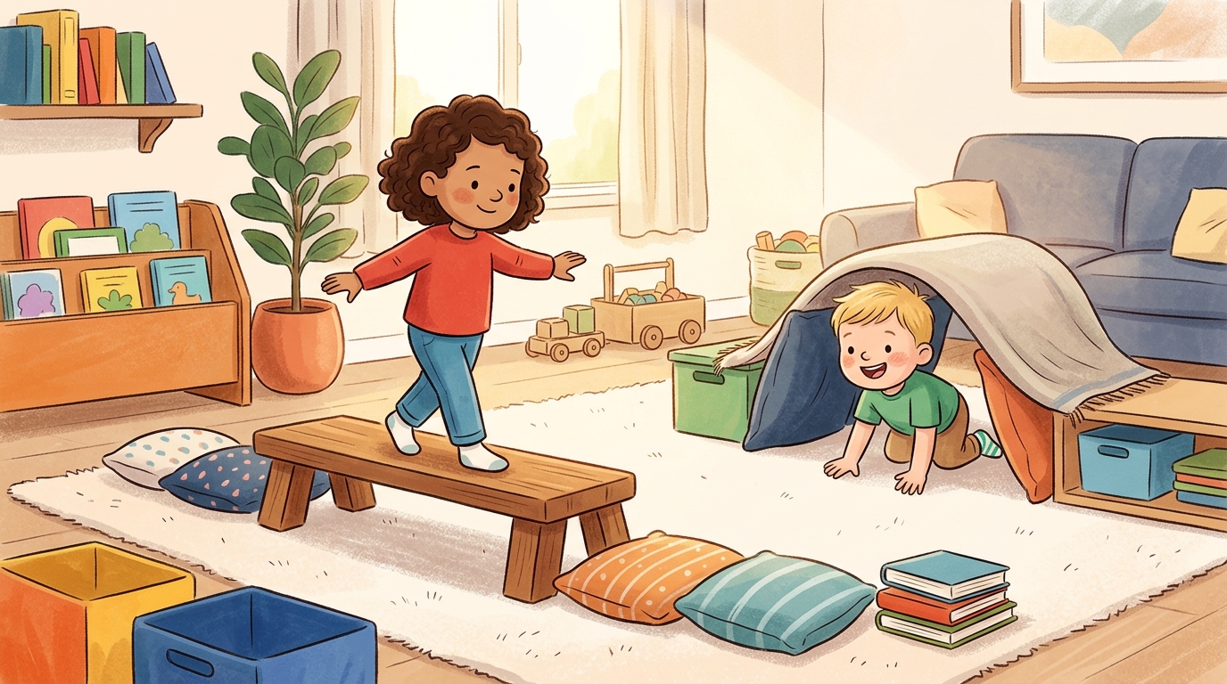 Cartoon illustration of a parent and child at home doing Indoor Obstacle Course.