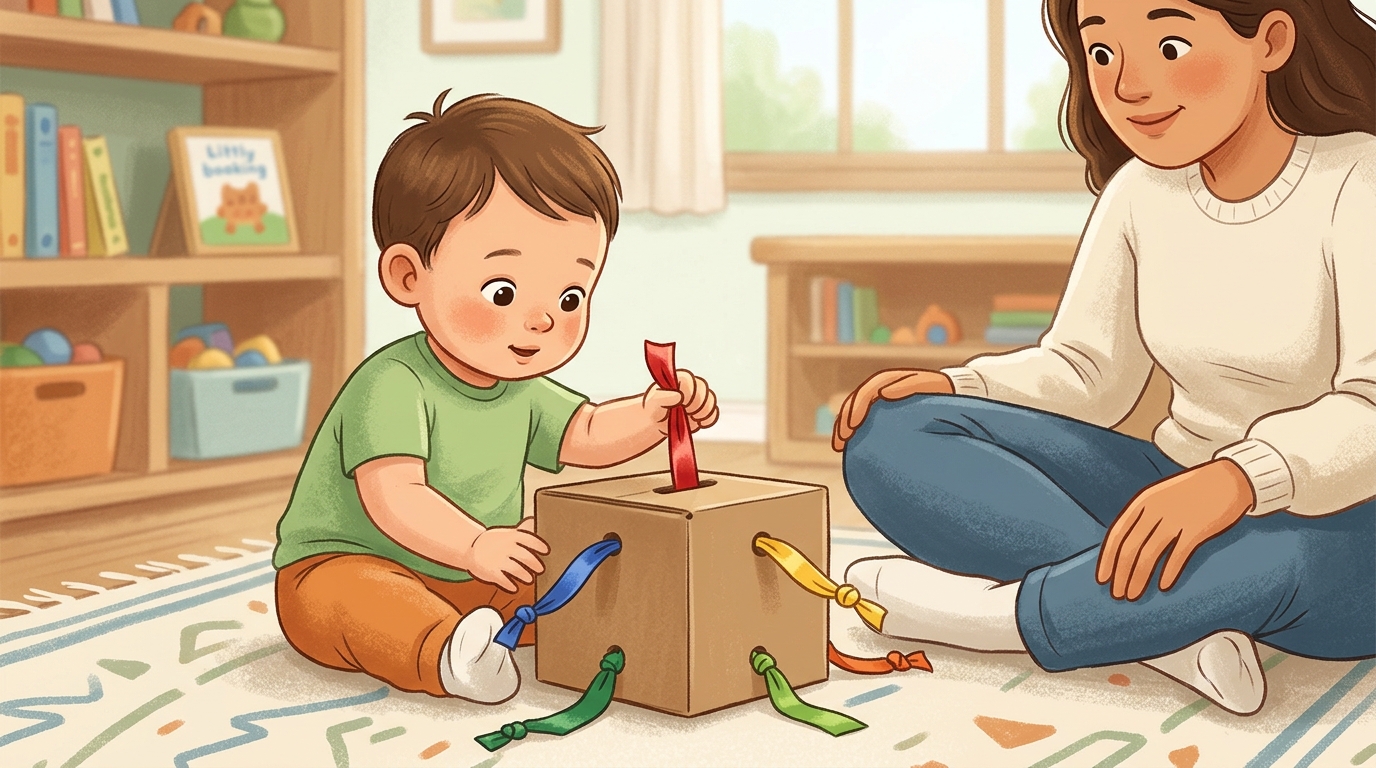 Cartoon illustration of a parent and child at home doing Ribbon Pull Box.