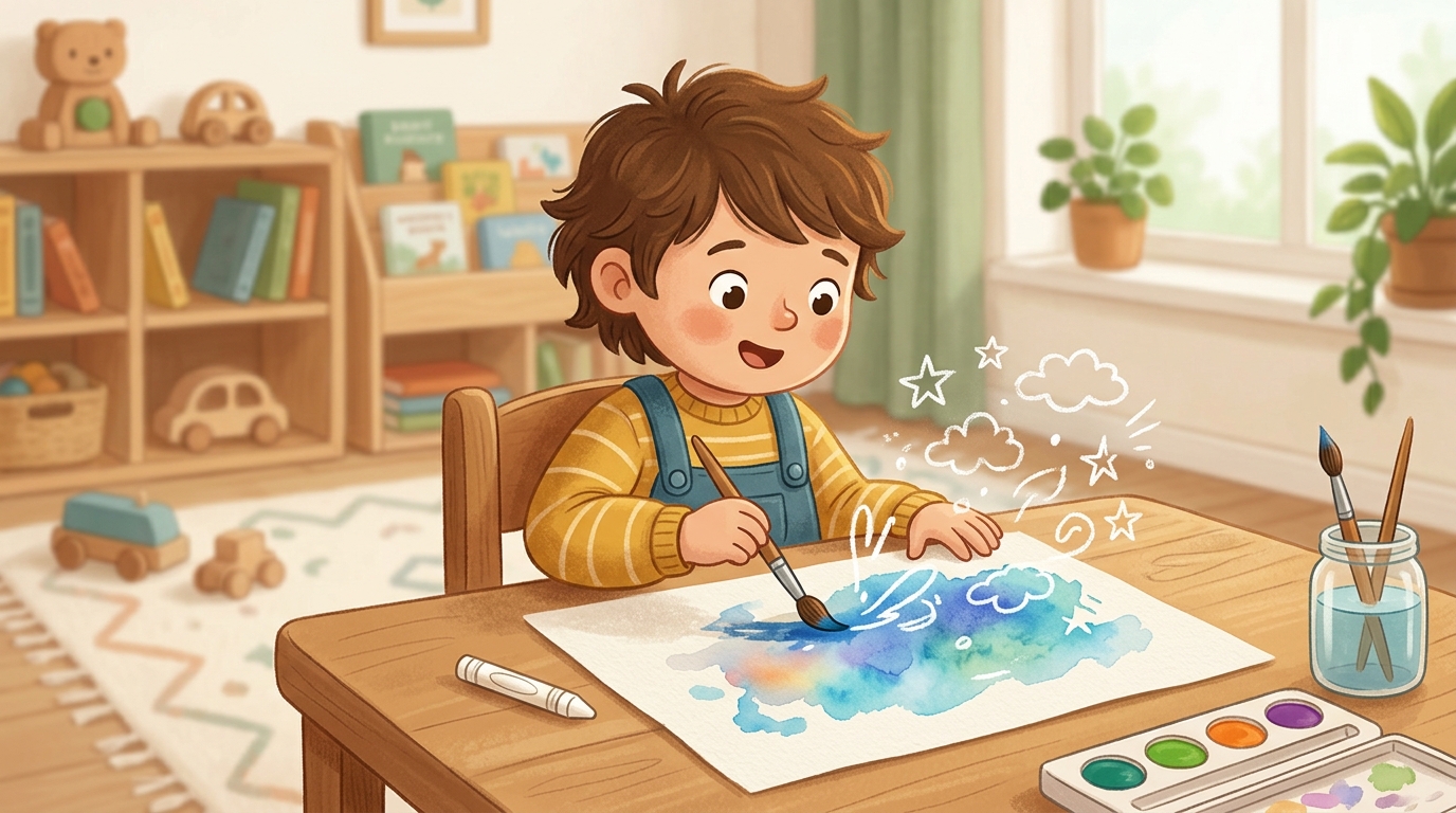Cartoon illustration of a parent and child at home doing Crayon Resist Art.