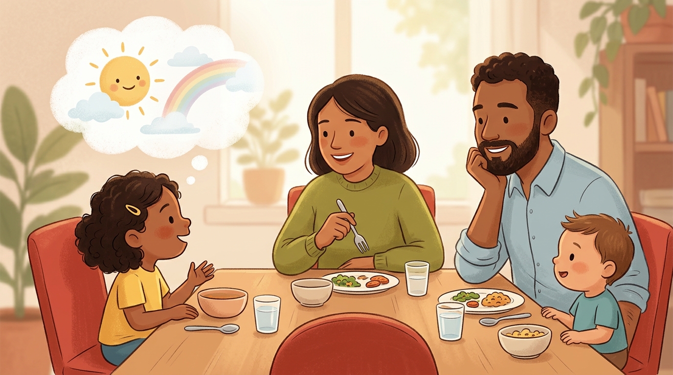 Cartoon illustration of a parent and child at home doing Family Weather.