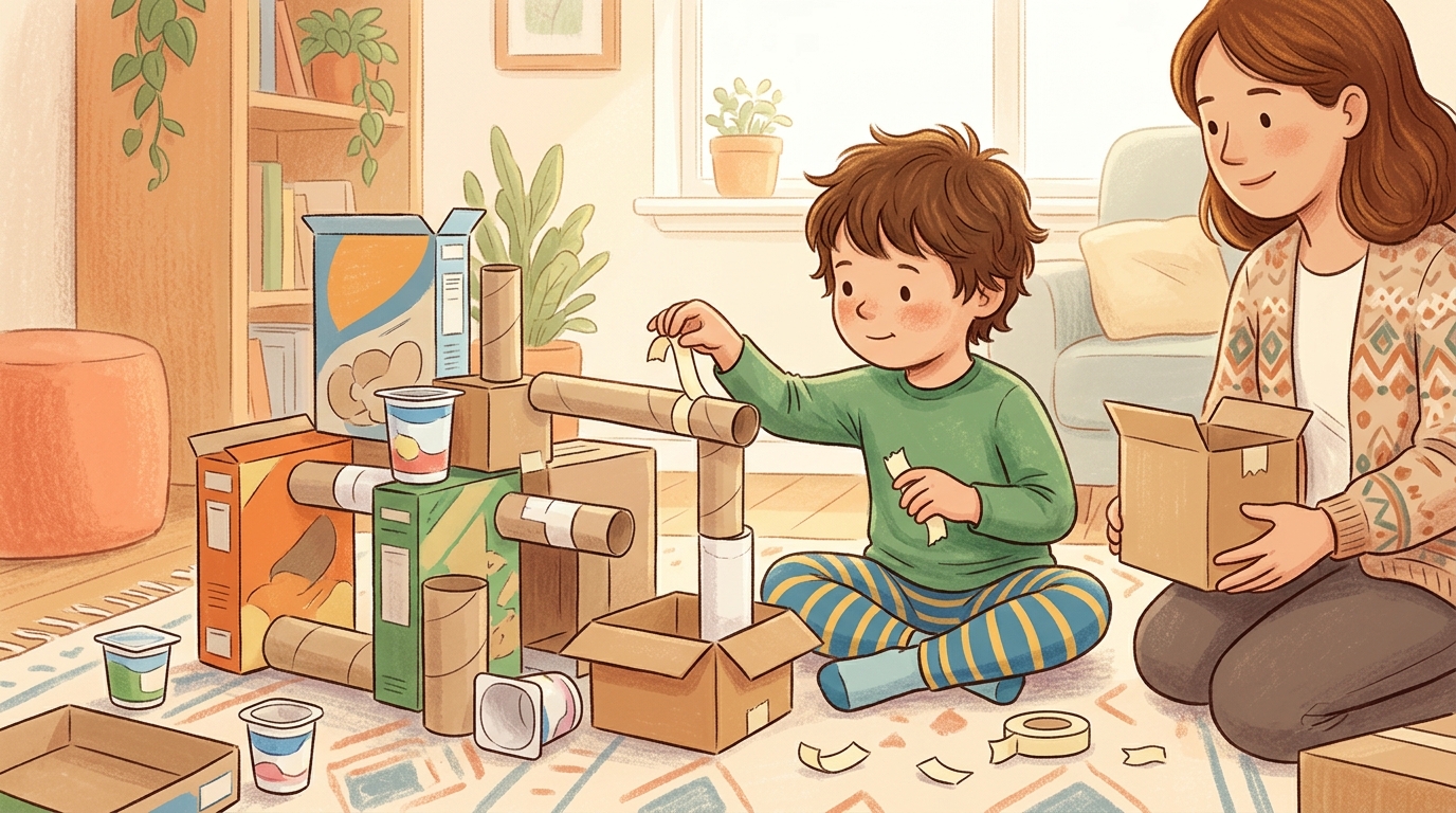 Cartoon illustration of a parent and child at home: gather empty containers, tubes, boxes, and packaging.