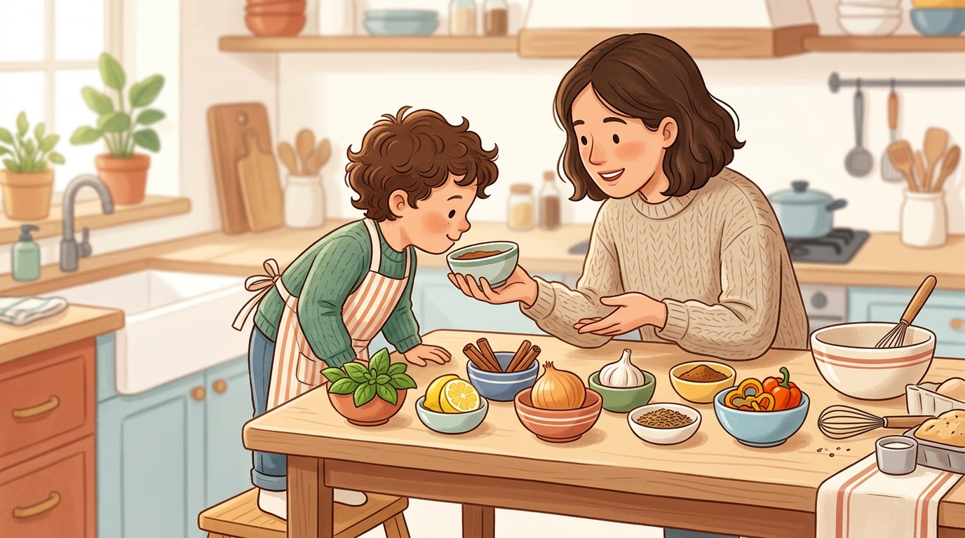 Cartoon illustration of a parent and child at home: before cooking, the child smells each ingredient and guesses what dish it will become.