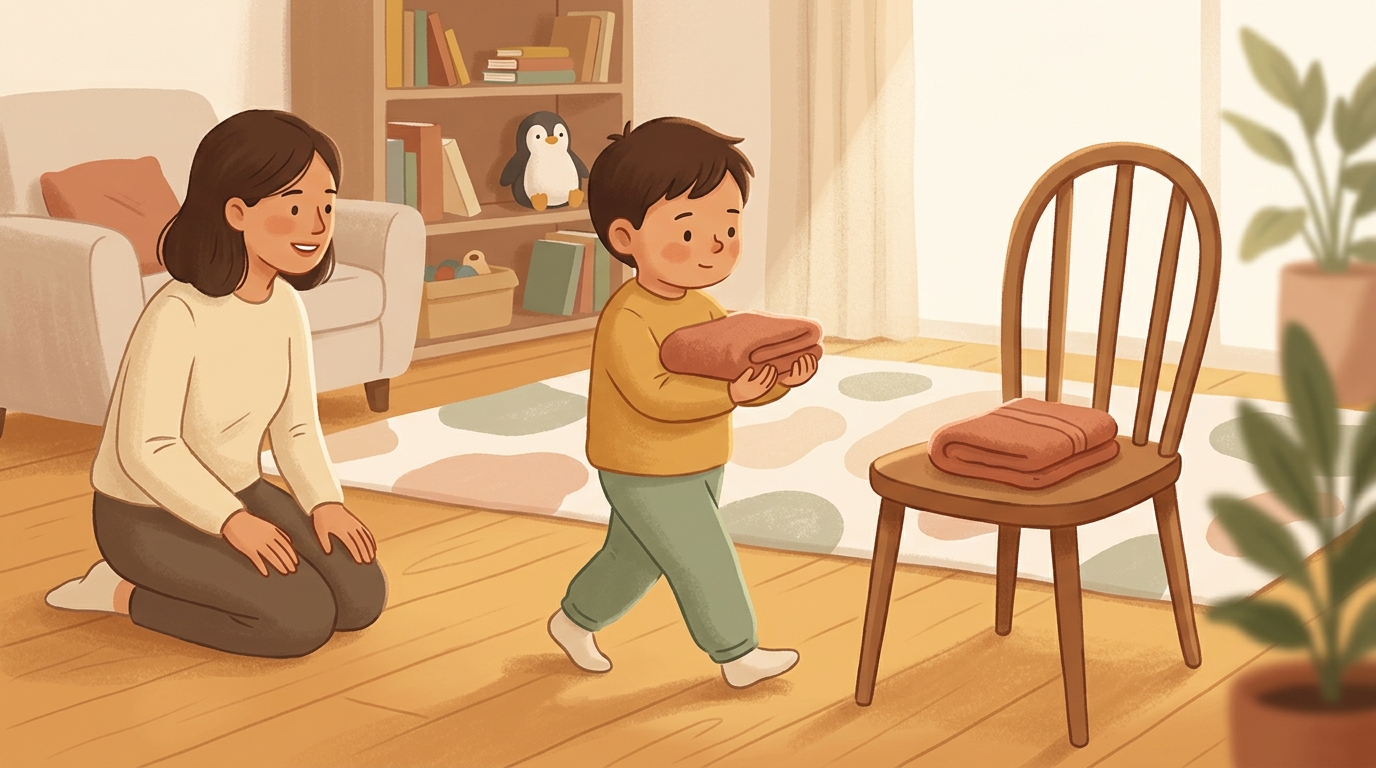 Cartoon illustration of a parent and child at home doing Pengy Parcel Balance.