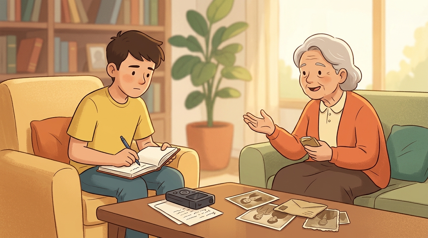 Cartoon illustration of a parent and child at home doing Family History Project.