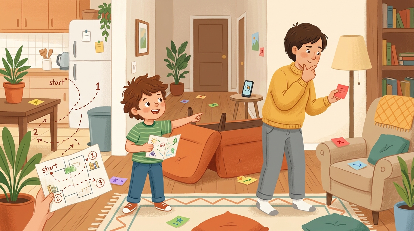 Cartoon illustration of a parent and child at home doing Home Orienteering Course.