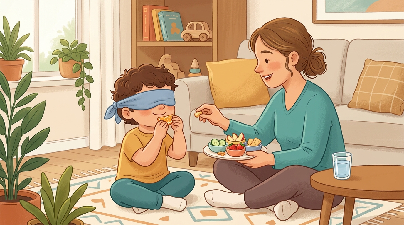 Cartoon illustration of a parent and child at home doing Guess the Taste.