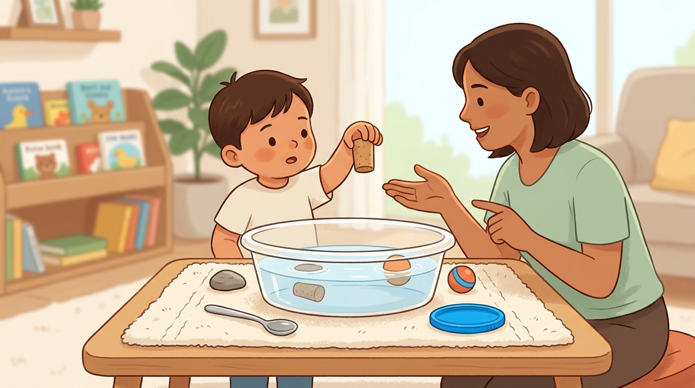 Cartoon illustration of a parent and child at home doing Predict, Then Test Float.